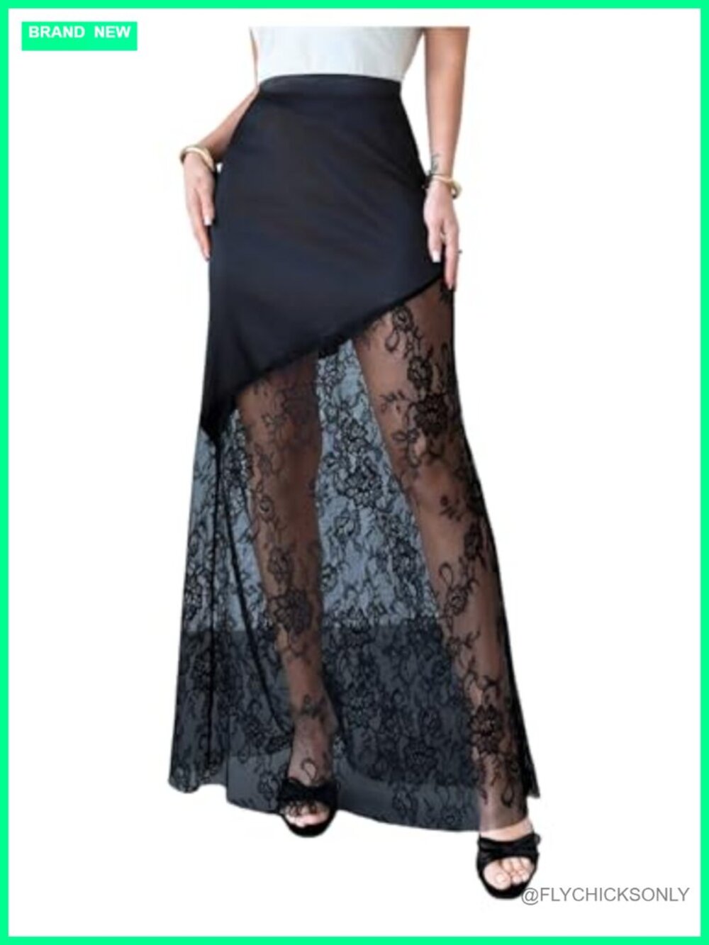 Satin Lace Maxi Skirt Sheer High Waist Y2K Party Long Skirt